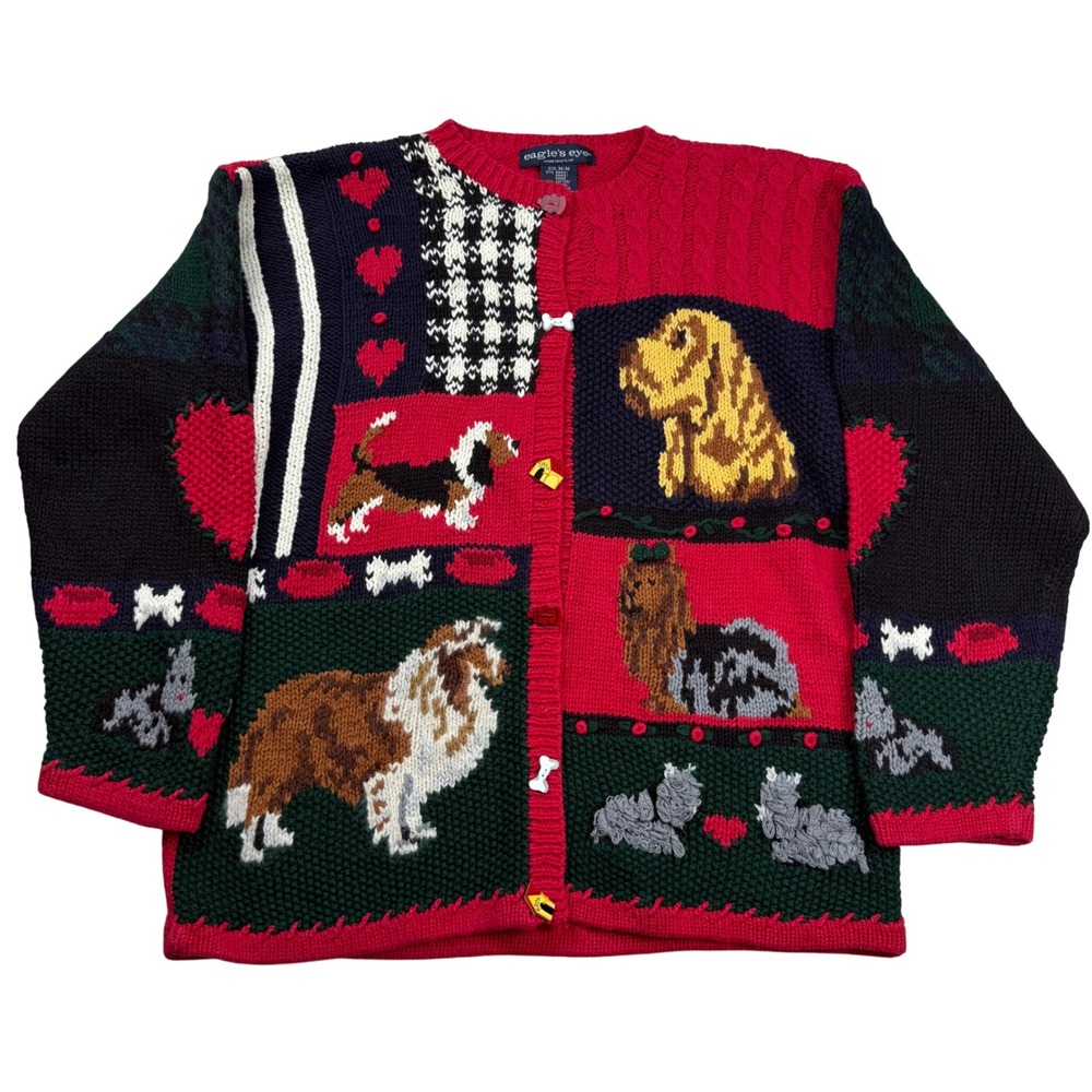 Vintage Eagles Eye Dog Patchwork Cardigan Sweater Knit Crochet Sz M Novelty 90s